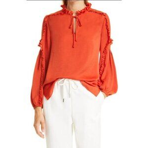 Kobi Halperin Womens Large Ruffled Long Sleeve Peri Blouse Shirt Top in Cayenne